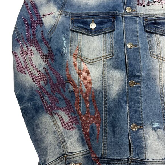 Mackeen Jean Jacket Size S Distressed Kenny Stretch Button Up Blue Denim - Picture 2 of 10